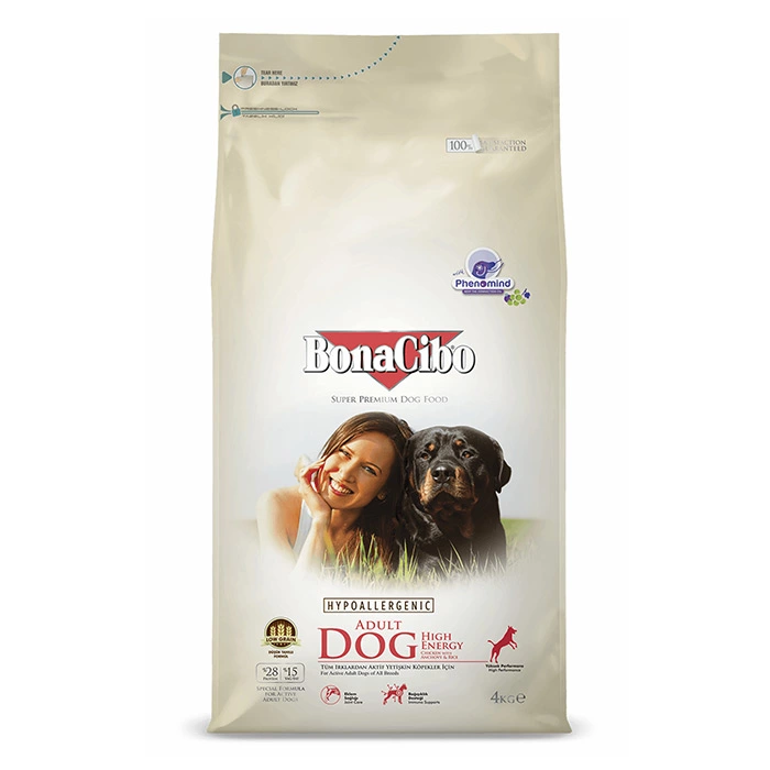 Adult-Dog-High-Energy-chiken-rice غذای خشک سگ های حساس بالغ فعال و پرانرژی با طعم مرغ و ماهی بوناسیبو (Hypoallergenic) وزن 4 کیلوگرم - Image 1