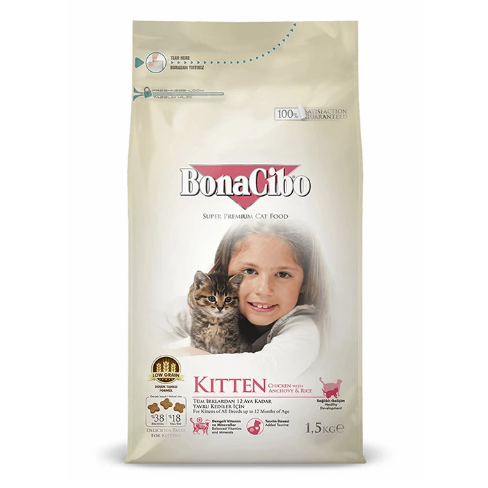 Kitten-Chiken غذای خشک بچه گربه بوناسیبو طعم مرغ و ماهی و برنج (Kitten) وزن 1.5 کیلوگرم - Image 1