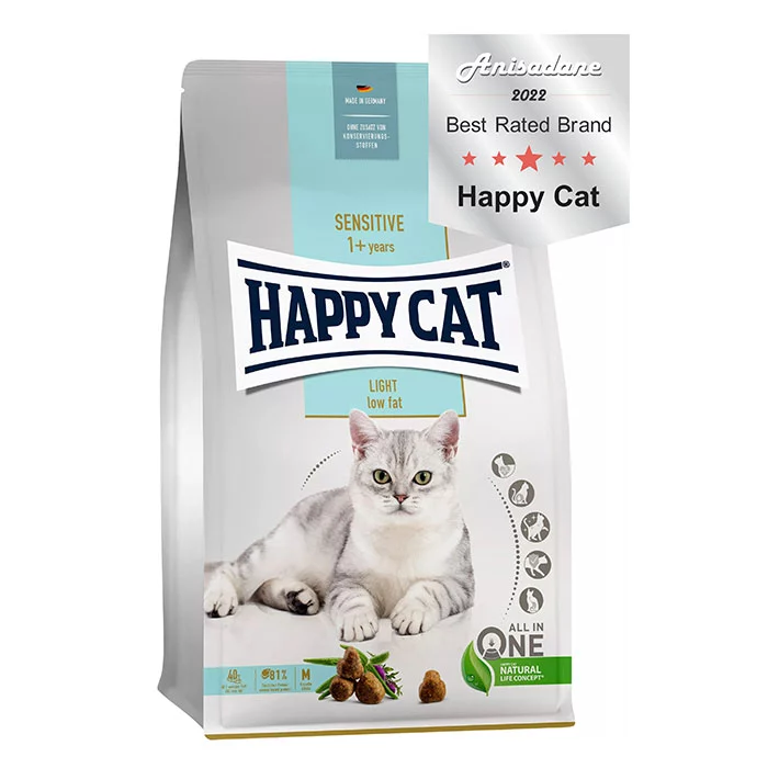 Light-how-fat-Sensitive غذای خشک رژیمی گربه بالغ دارای اضافه وزن هپی کت (Sensitive Light Low Fat) وزن 1/4 کیلوگرم - Image 1