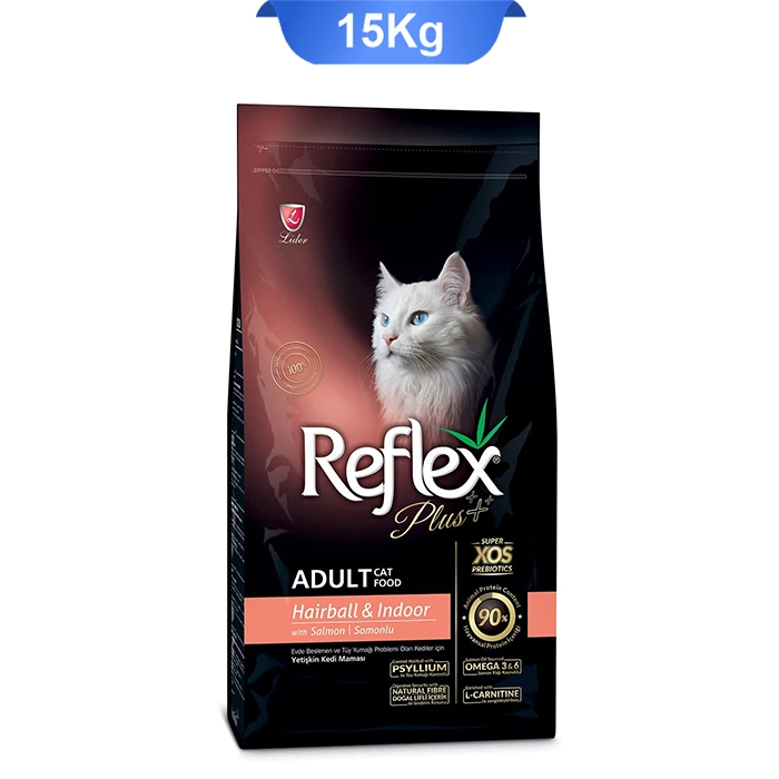 hairball_indoor15 غذای خشک گربه رفلکس پلاس بالغ هیربال طعم سالمون مدل هیربال ایندور (Reflex Hairball) وزن 15 کیلوگرم - Image 1
