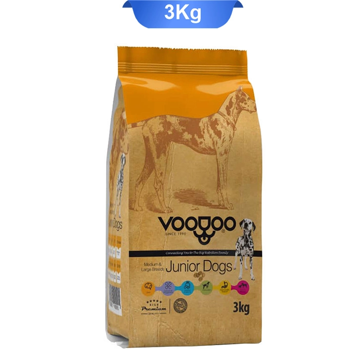 large غذای خشک سگ های جوان نژاد متوسط و بزرگ طعم مرغ و ماهی و برنج مدل جونیور وودو (VooDoo) وزن 3 کیلوگرم - Image 1