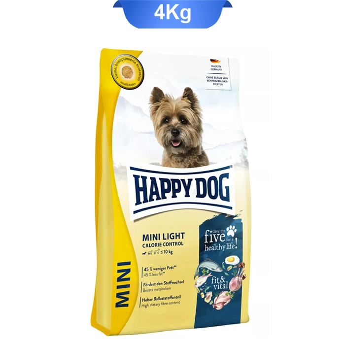 mini light غذای خشک سگ بالغ نژاد کوچک طعم مرغ+ماهی+بره مدل مینی لایت هپی داگ (Mini Light) وزن 4 کیلوگرم - Image 1
