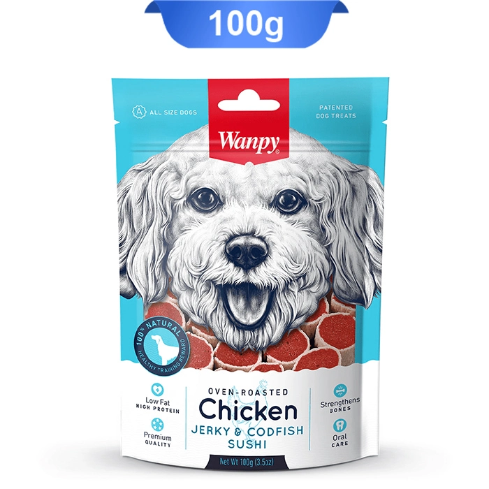 chicken_sushi تشویقی سگ ونپی مدل سوشی طعم مرغ وزن 100 گرم Wanpy Jerky & Codfish Sushi - Image 1