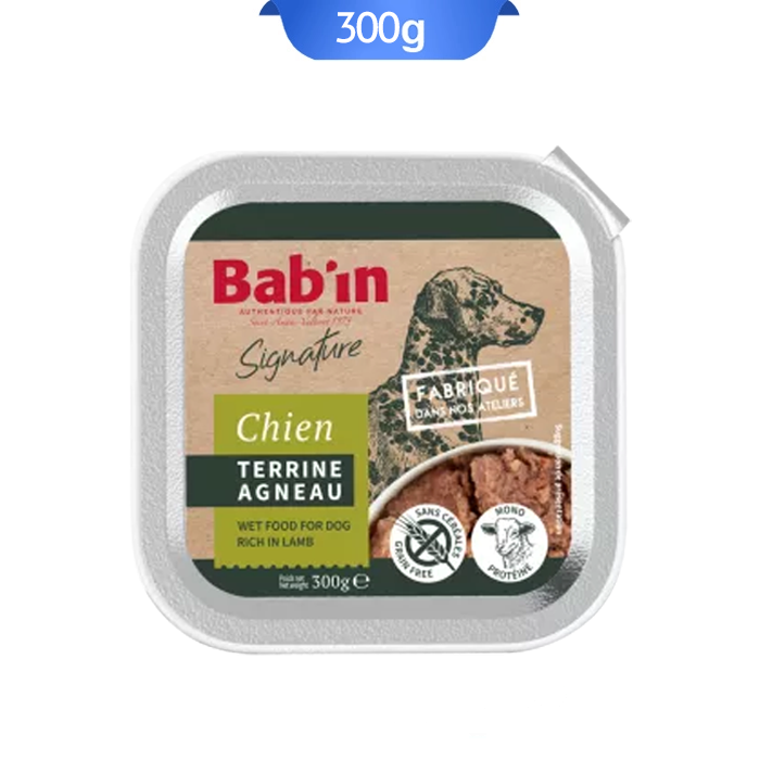 babin-chien-terrine-agneau-voom ووم سگ بالغ بابین طعم گوشت بره وزن 300 گرم که بسته بندی آن شکل مربع و سبز است.