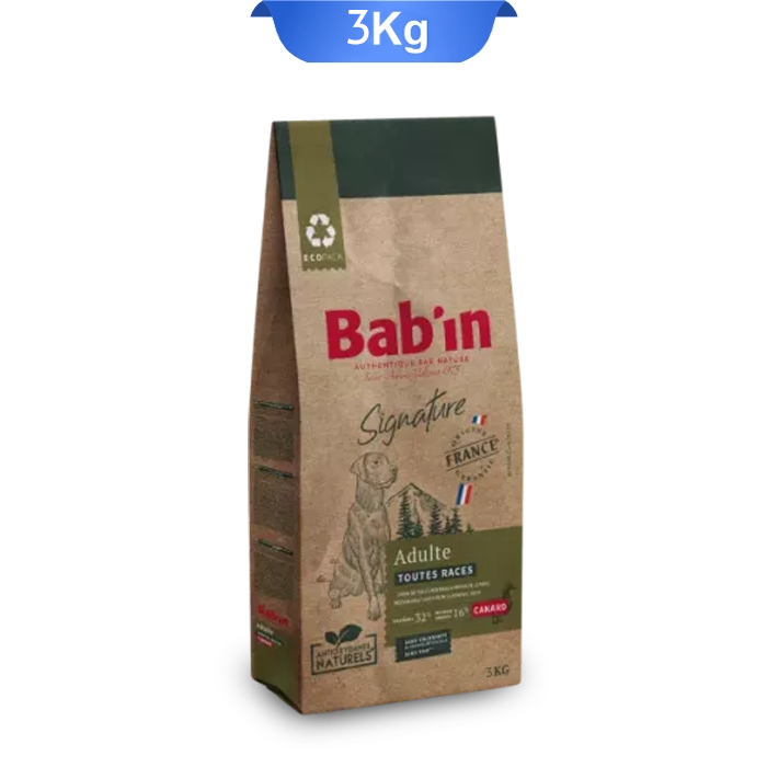 babin-adult-all-breeds-ducks غذا خشک سگ بالغ بابین طعم اردک وزن 3 کیلوگرم که بسته بندی آن سبز است.