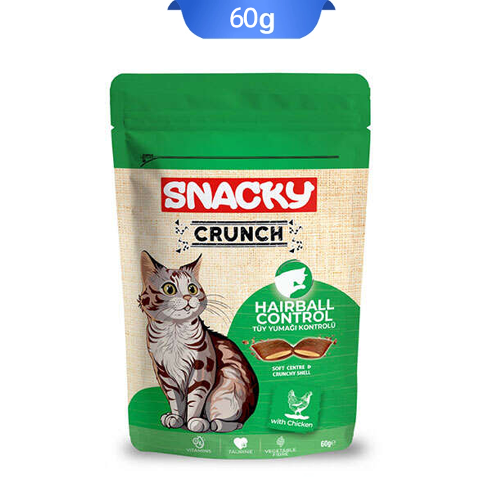 snacky-crunch-hairball-control تشویقی گربه کرانچی اسنکی کنترل گلوله مو طعم مرغ وزن 60 گرم که بسته بندی آن کرم سبز و تصویر گربه روی آن است.