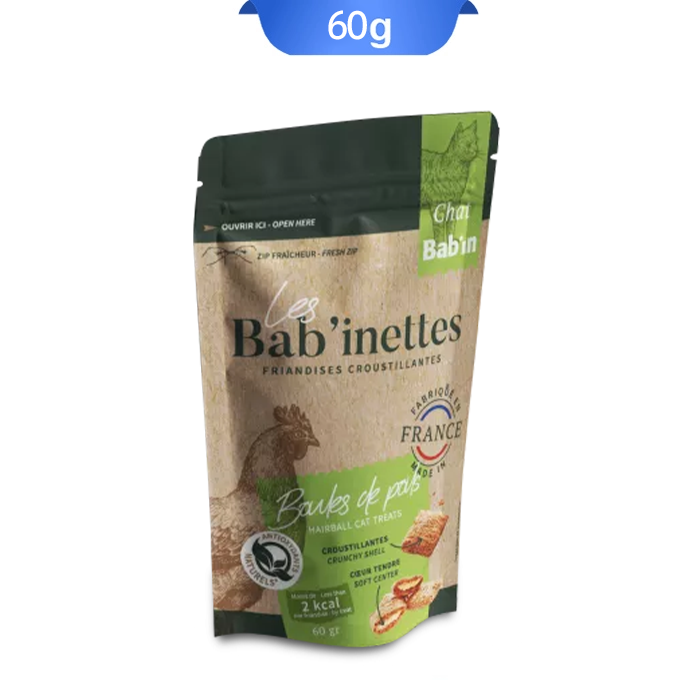 babin-babinette-hairballs تشویقی گربه بالغ مدل هیربال بابین طعم مرغ وزن 60 گرم که بسته بندی آن سبز و تصویر مرغ روی آن است.