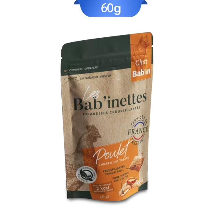 babinette-adult-cat-terrine-chicken-60g تشویقی گربه بالغ عقیم شده بابین طعم مرغ وزن 60 گرم که بسته بندی آن سبز و نارنجی است.