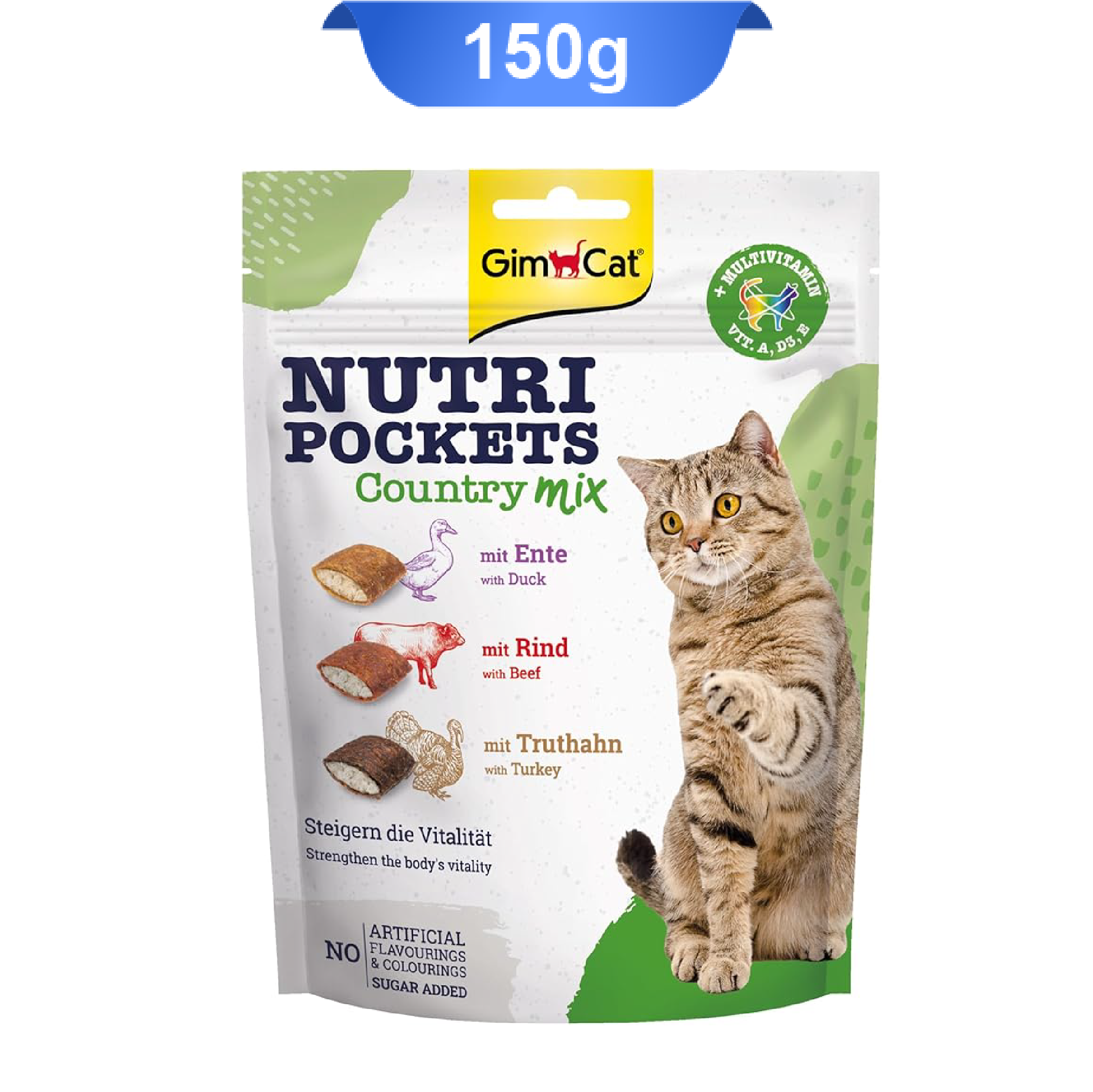 gimcat-nutri-pockets-country-mix تشویقی مغزدار گربه نوتری جیم کت میکس طعم اردک و بوقلمون وزن 150 گرم که بسته بندی آن سبز وروی آن تصویر گربه است.