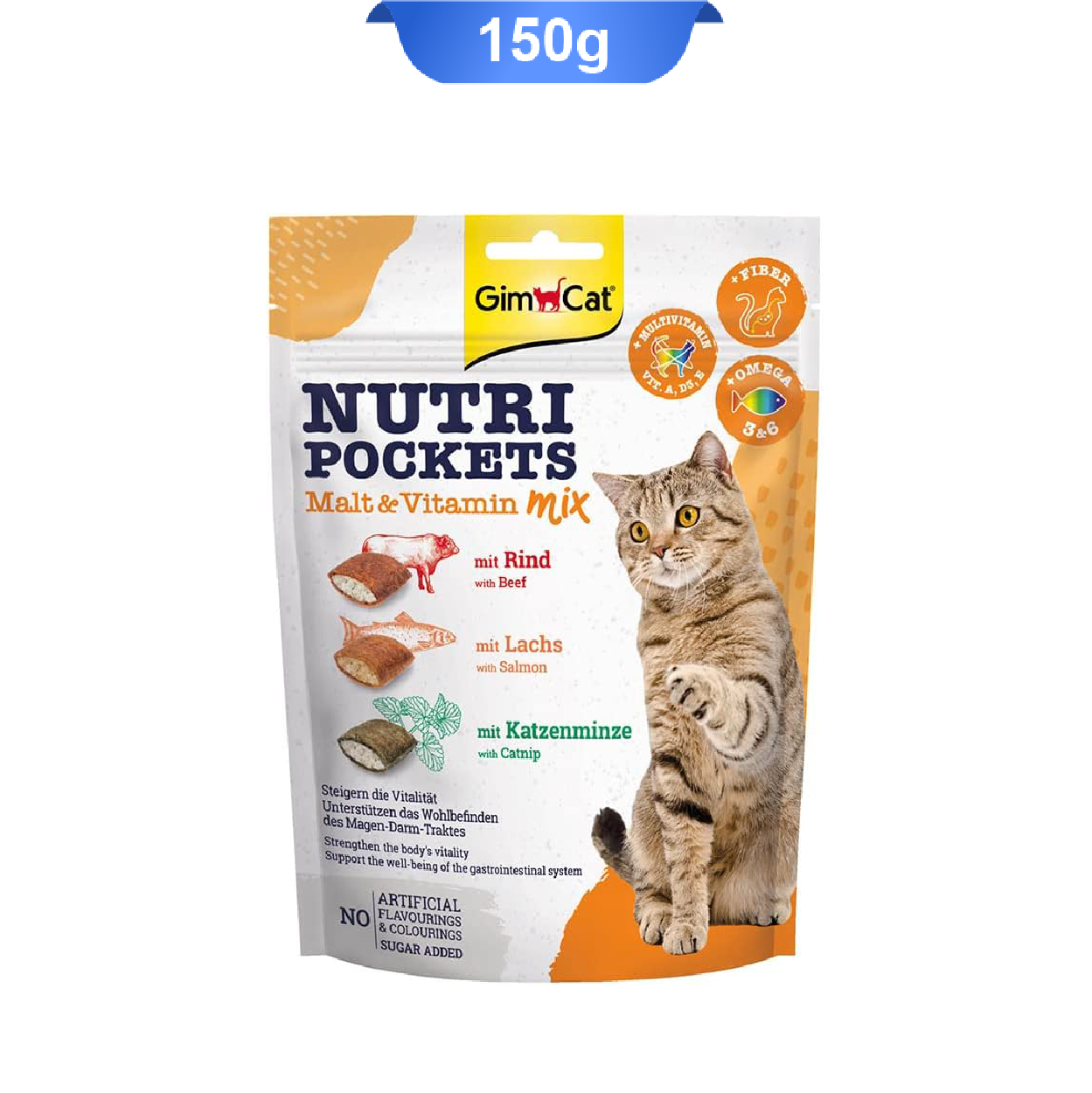 gimcat-nutri-pockets-malt-vitamin-mix-150g تشویقی مغزدار گربه میکس نوتری جیم کت طعم گوشت و سالمون حاوی کت نیپ وزن 150 گرم که بسته بندی آن نارنجی و روی آن تصویر گربه است.
