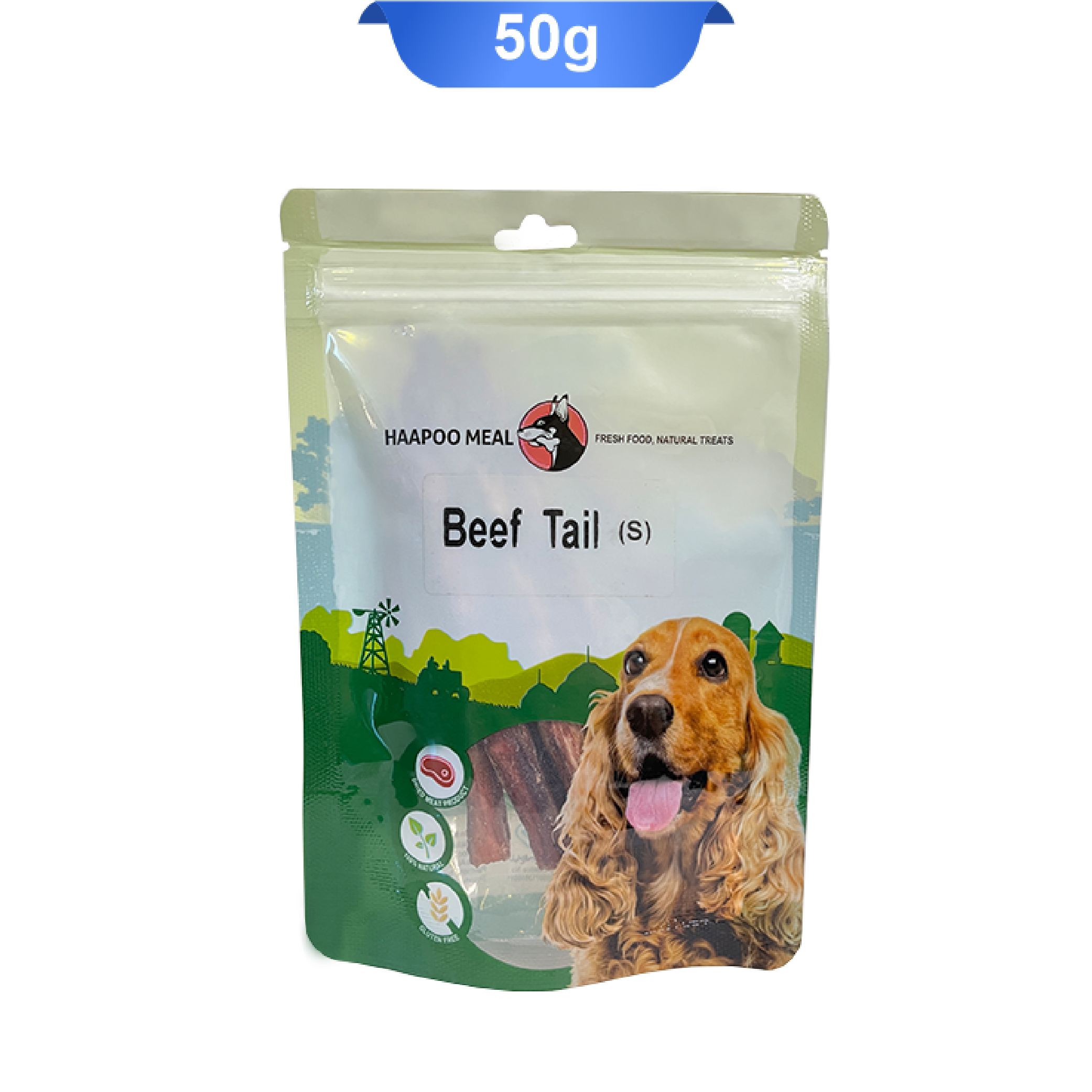 haapoomeal-beef-tail-50g تشویقی سگ هاپومیل مدل دم گاو وزن 50 گرم که بسته بندی آن سفید و تصویر سگ روی آن است.