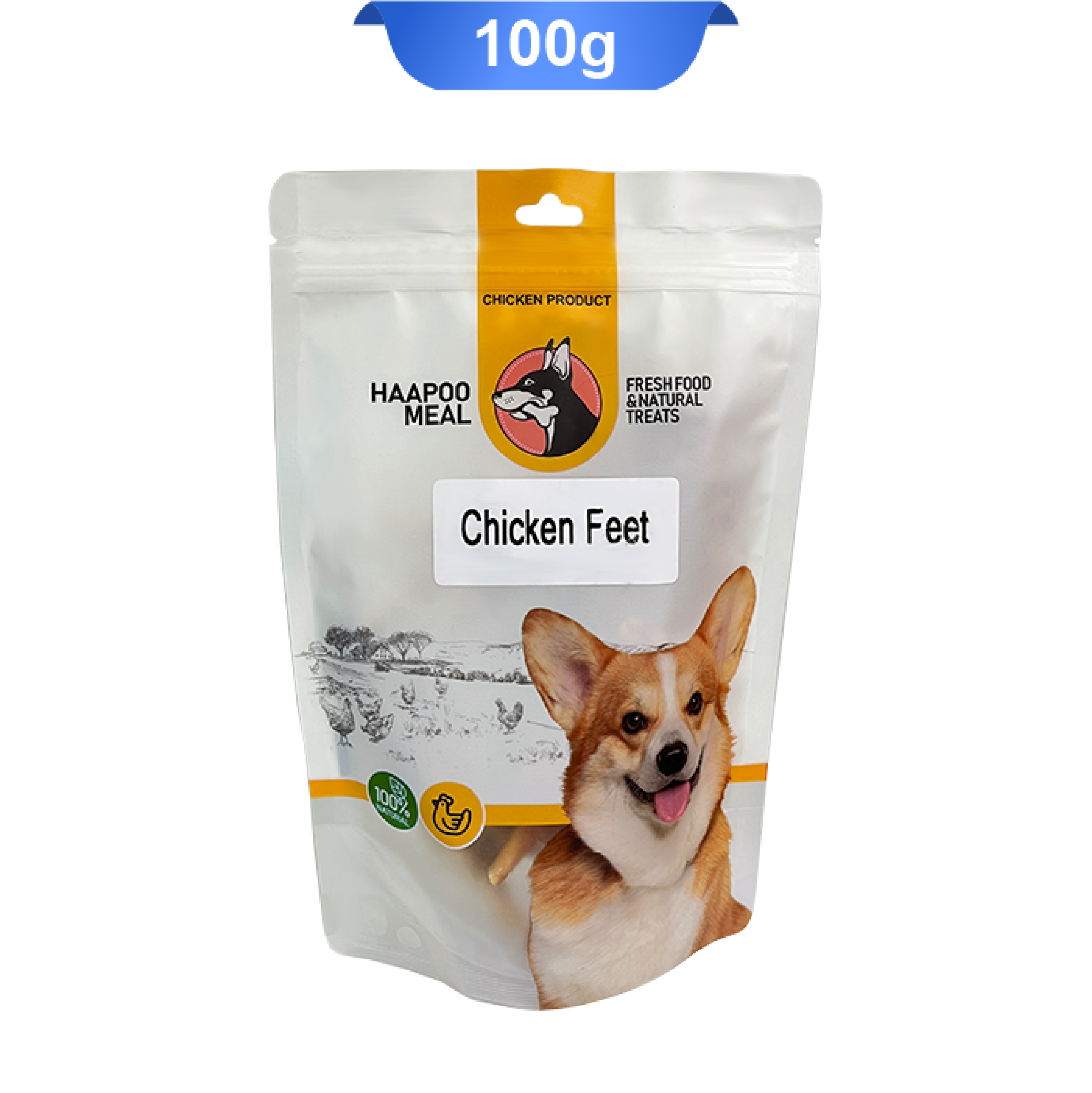 haapoomeal-chicken-feet-100g تشویقی سگ هاپومیل مدل پای مرغ وزن 100 گرم که بسته بندی آن سفید و تصویر سگ روی آن است.