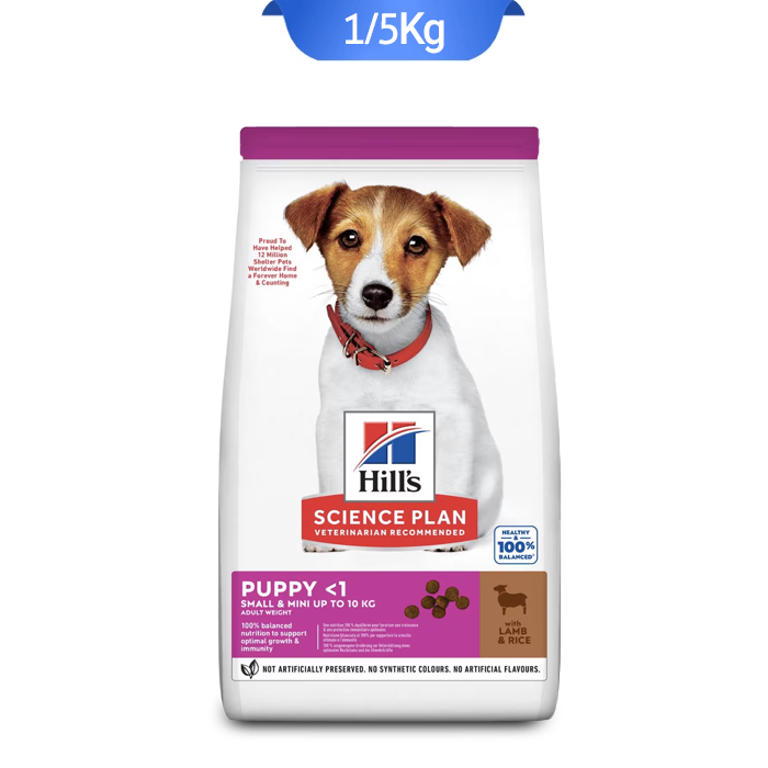 hill-s-small-breed-puppy-food-lamb-and-rice-flavor-weight-1-5-grams-on-the-package-of-which-is-a-picture-of-a-small-breed-dog تصویر غذای توله سگ نژاد کوچک هیلز طعم بره و برنج وزن 1.5گرم که روی بسته بندی آن تصویر سگ نژاد کوچک است.