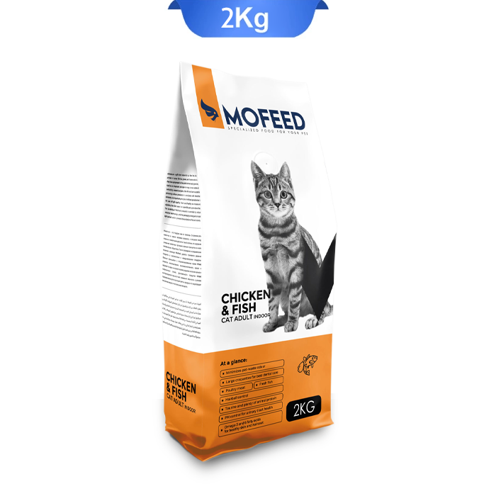 mofeed-cat-adult-with-chicken-fish-2kg غذا خشک گربه بالغ مفید طعم مرغ و ماهی وزن 2 کیلوگرم که بسته بندی آن سفیدزرد و تصویر گربه روی آن است.