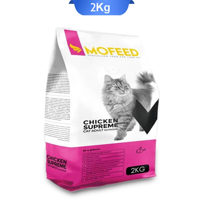 mofeed-chicken-supreme-cat-adult-outdoor-2kg غذا خشک گربه اوتدور مفید طعم مرغ وزن 2 کیلوگرم که بسته بندی آن سفیدصورتی و تصویر گربه روی آن است.