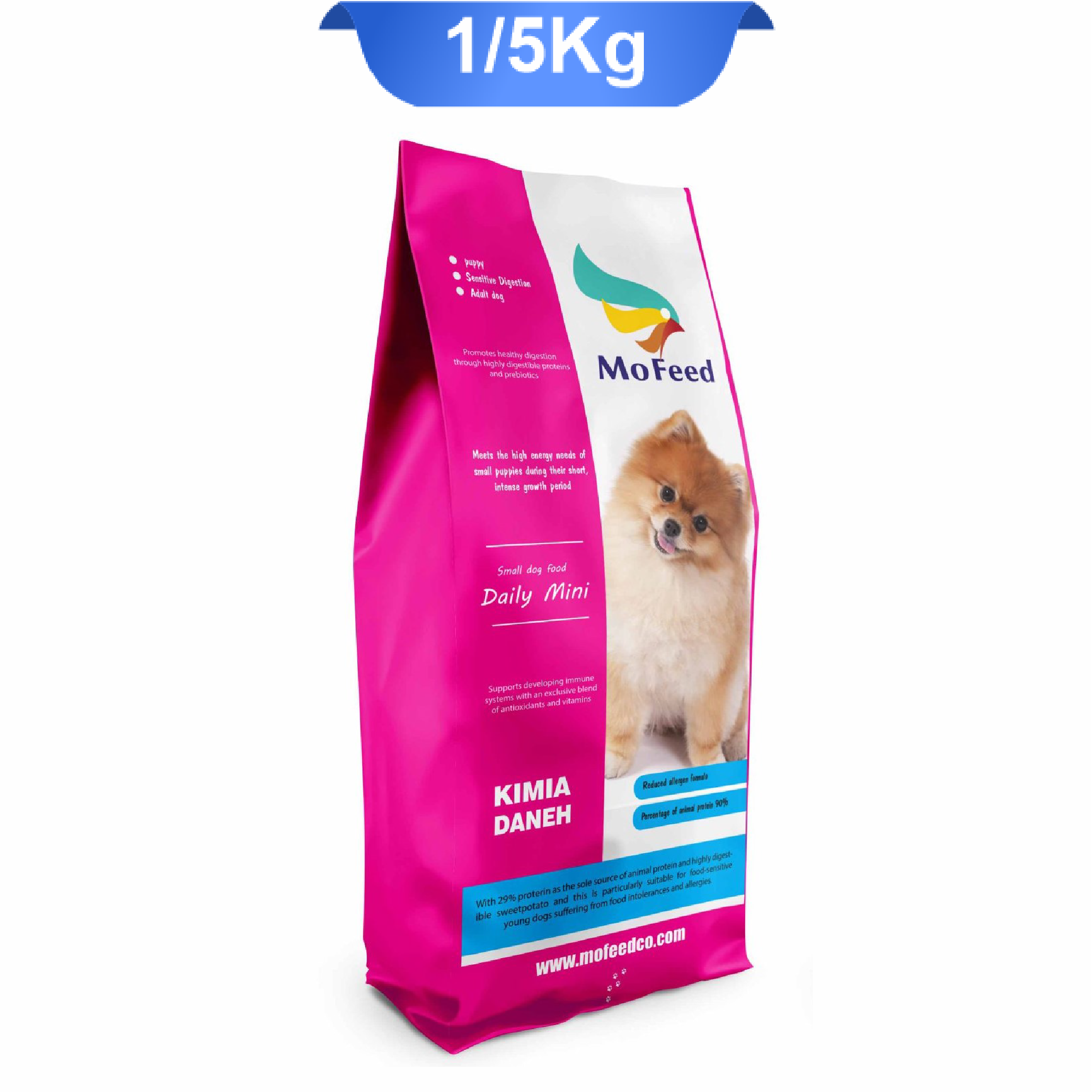 mofeed-daily-mini-small-dog-adult-food-1.5kg غذا خشک سگ بالغ نژاد کوچک مفید طعم مرغ وزن 2 کیلوگرم که بسته بندی آن سفیدصورتی و تصویر سگ روی آن است.