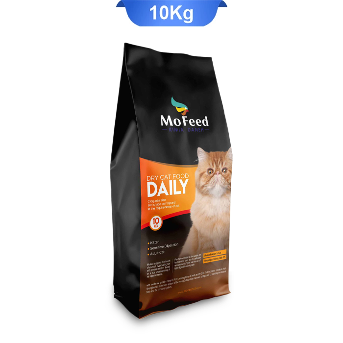 mofeed-dry-cat-food-daily-10kg غذا خشک گربه بالغ مفید طعم مرغ وزن 10 کیلوگرم که بسته بندی آن مشکی زرد و تصویر گربه روی آن است.