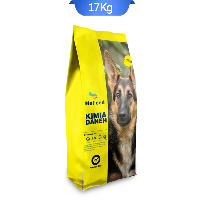 mofeed-guard-dog-dry-food-17kg غذا خشک مناسب سگ نگهبان مفید وزن 17 کیلوگرم که بسته بندی آن زرد و تصویر سگ نژاد بزرگ روی آن است.