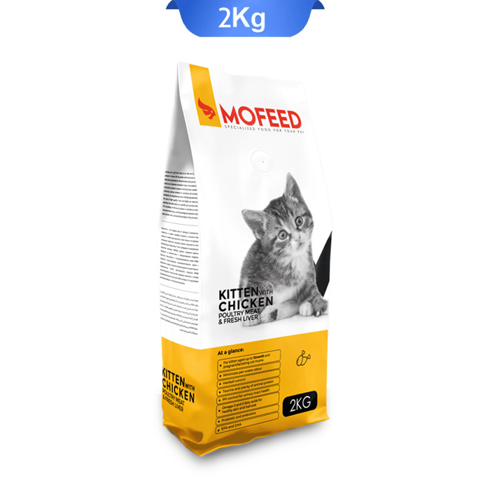 mofeed-kitten-with-chicken-2kg غذا خشک بچه گربه مفید طعم مرغ وزن 2 کیلوگرم که بسته بندی آن سفیدزرد و تصویر بچه گربه روی آن است.