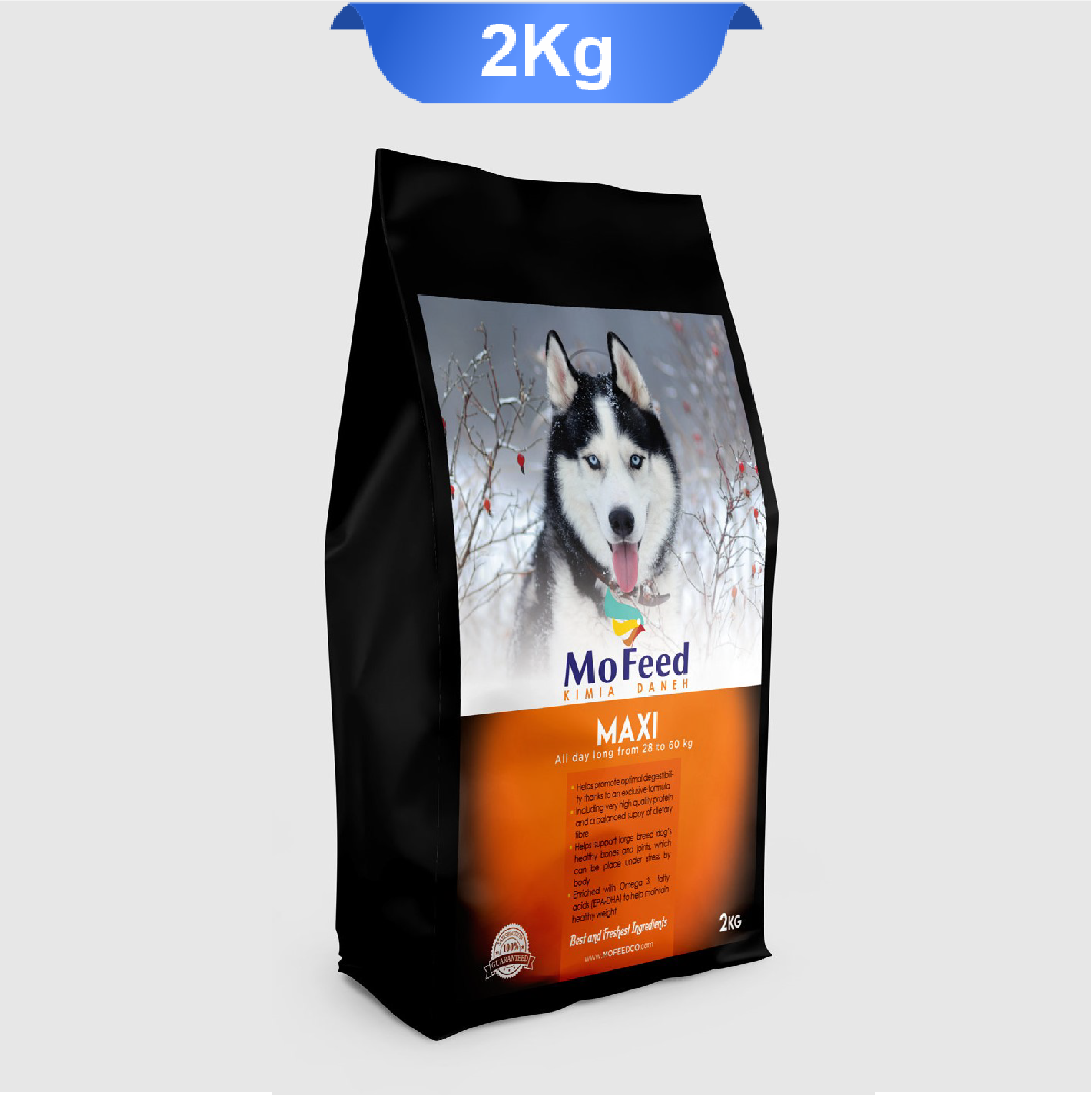 mofeed-maxi-dog-food-2kg غذا خشک سگ نژاد بزرگ مفید وزن 2 کیلوگرم که بسته بندی آن مشکی نارنجی و تصویر سگ نژاد بزرگ روی آن است.