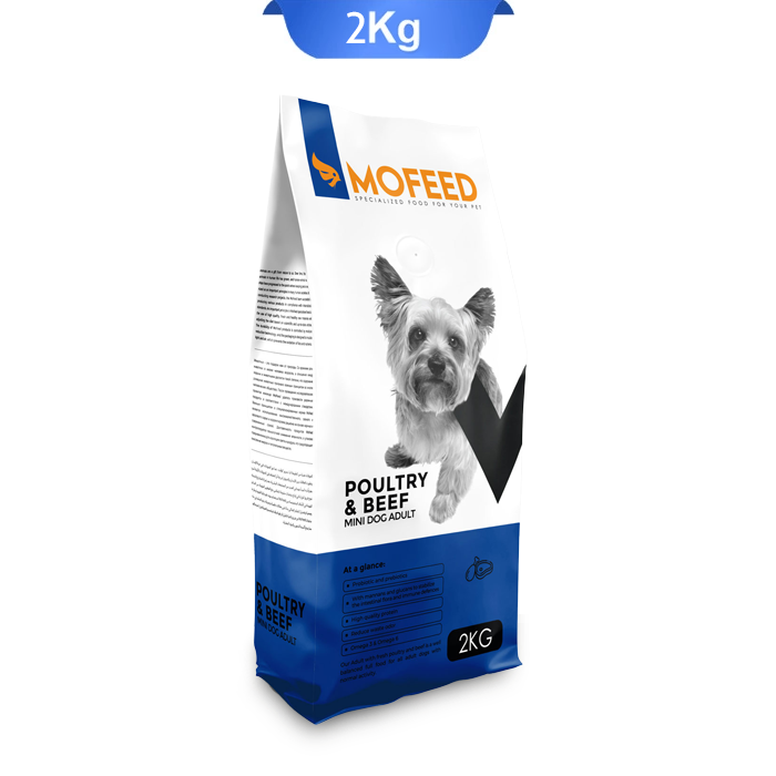 mofeed-poultry-beef-mini-dog-adult-2kg غذا خشک سگ بالغ نژاد کوچک مفید طعم مرغ و گوشت وزن 2 کیلوگرم که بسته بندی آن سفید سورمه ای و تصویر سگ روی آن است.