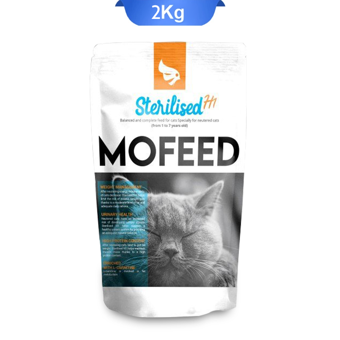 mofeed-sterilized-cat-food-2kg غذا خشک گربه عقیم شده مفید طعم مرغ و گوشت وزن 2 کیلوگرم که بسته بندی آن سفید و تصویر گربه روی آن است.
