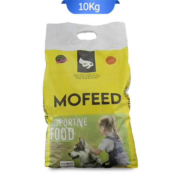 mofeed-supportive-food-10kg غذا خشک حمایتی سگ مفید وزن 10 کیلوگرم که بسته بندی آن زرد و تصویر دختر بچه در حال بازی کردن با سگ روی آن است.