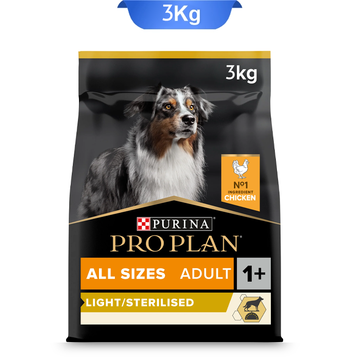 product-image-of-pro-plan-sterilized-dry-dog-food-with-chicken-taste-weighing-3-kg-with-a-black-envelope-and-a-picture-of-a-dog-on-it غذا خشک سگ بالغ عقیم پروپلن طعم مرغ وزن 3 کیلوگرم | Proplan Light/Sterilised All Size