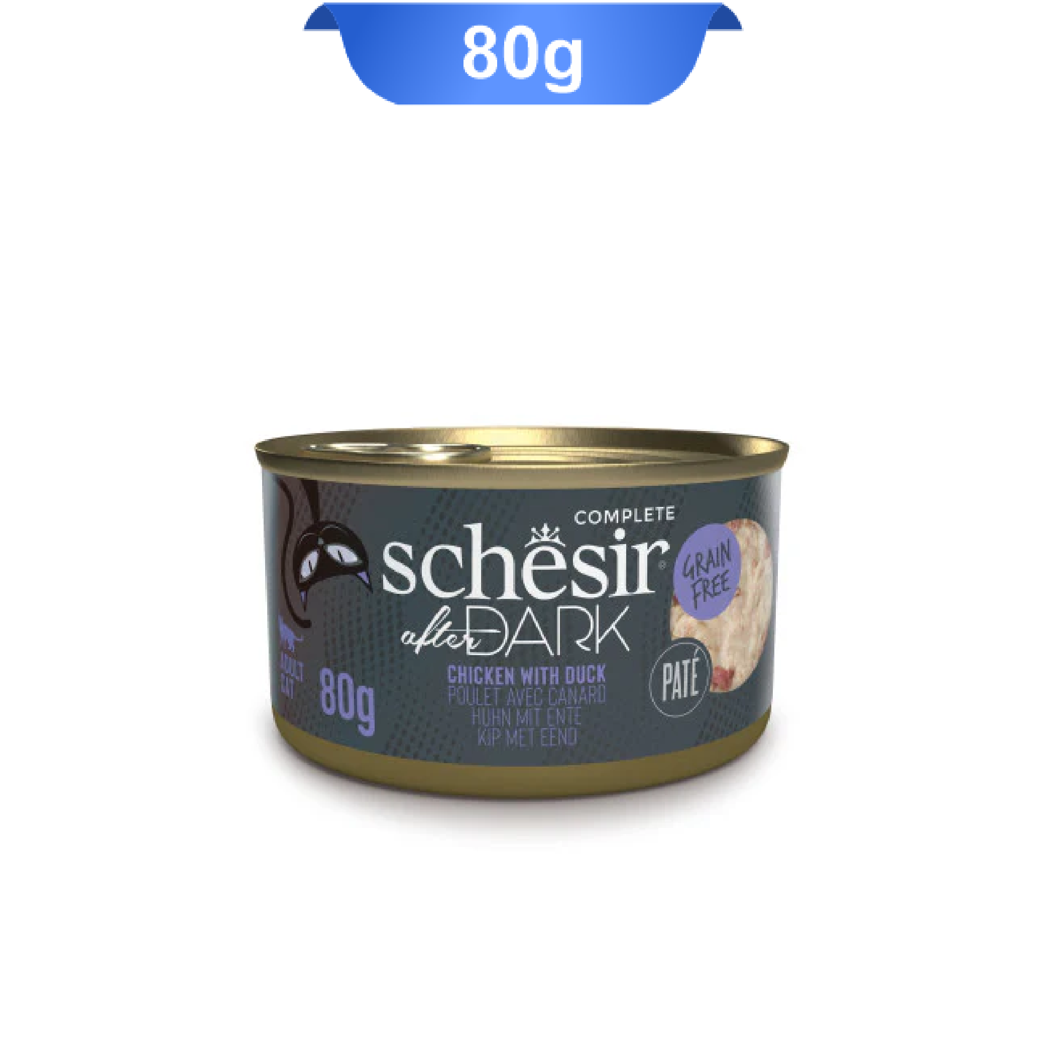 schesir-after-dark-adult-cat-chicken-with-duck-80g کنسرو گربه بالغ شسیر طعم مرغ و اردک وزن 80 گرم که بسته بندی آن بنفش و گربه روی آن است.