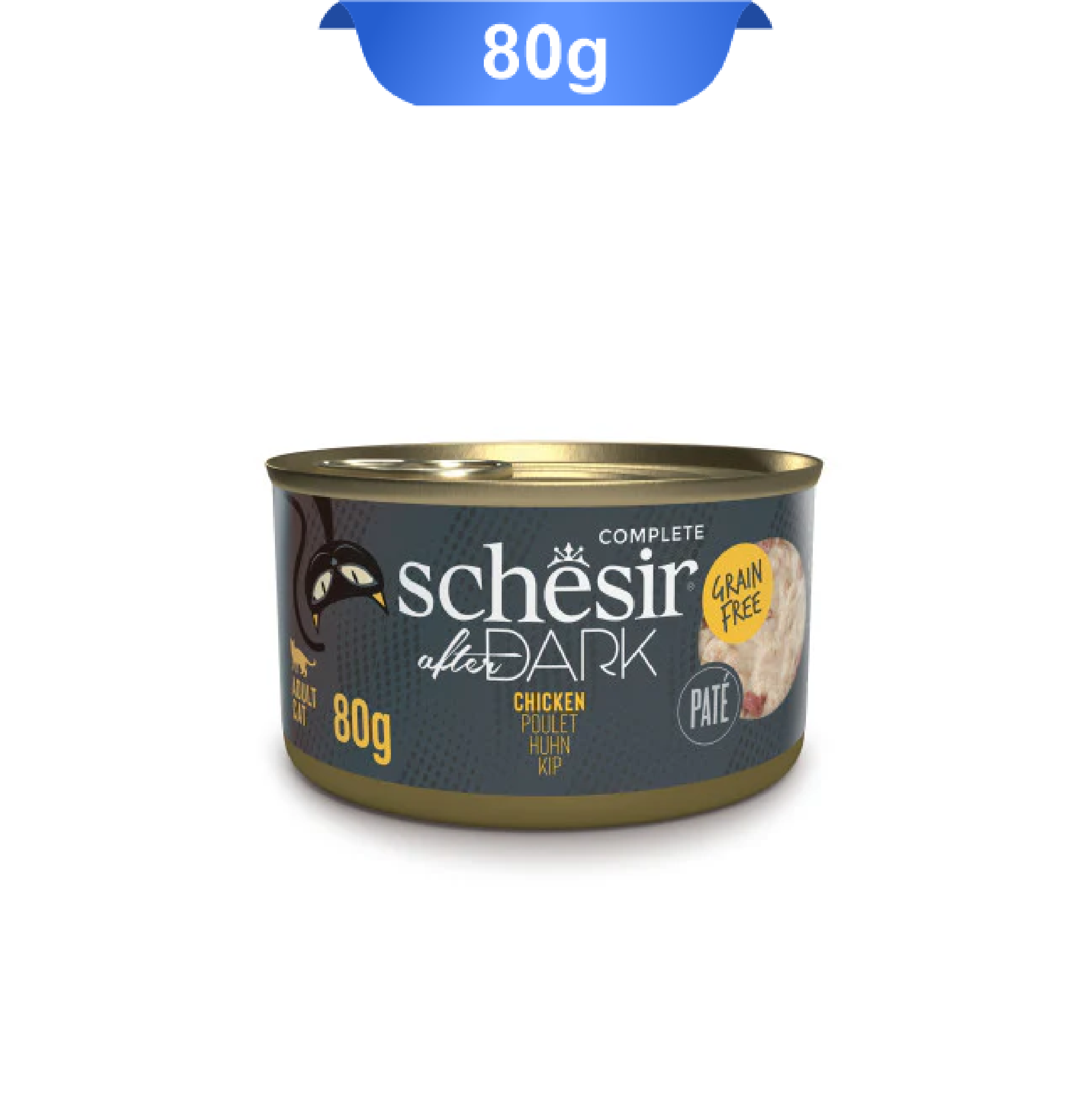 schesir-after-dark-canned-adult-cat-with-chicken-80gr کنسرو گربه بالغ شسیر طعم مرغ وزن 80 گرم که بسته بندی آن زرد و گربه روی آن است.