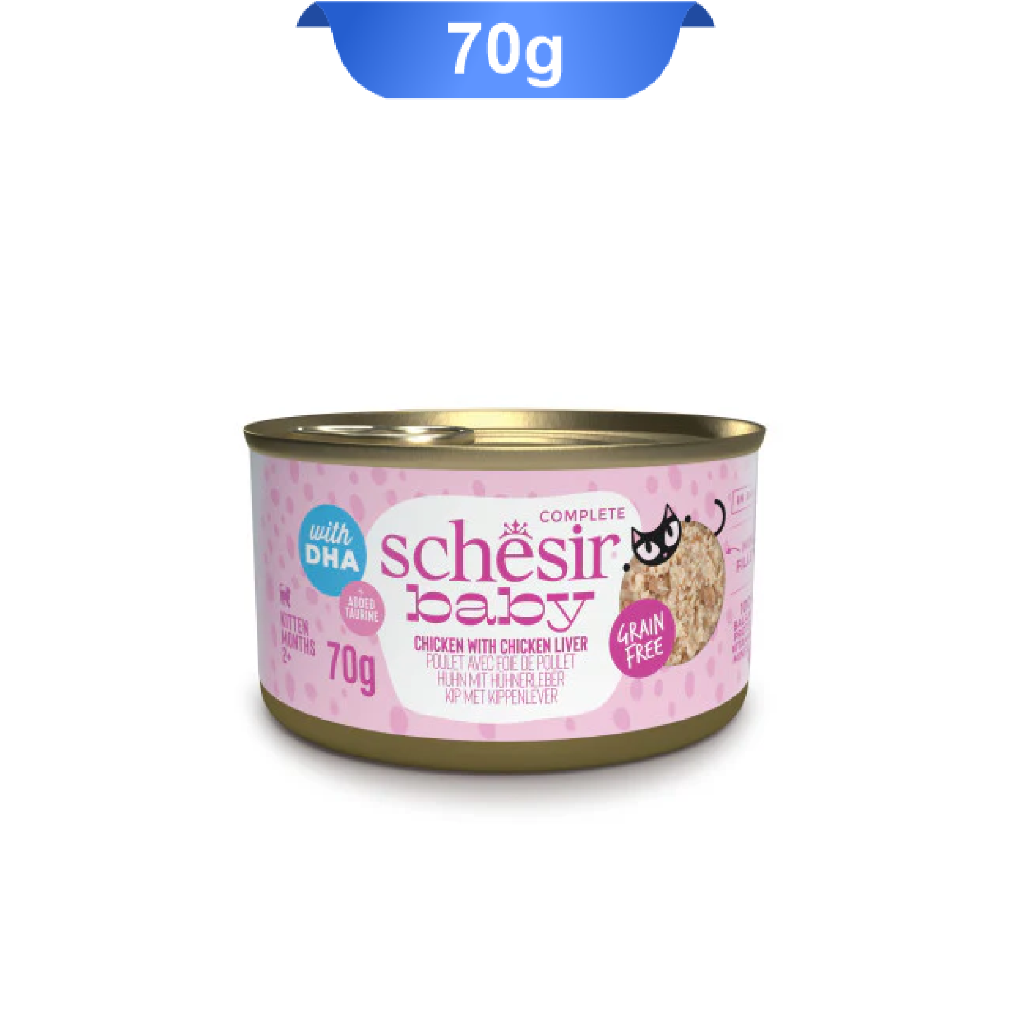 schesir-baby-chicken-with-chicken-liver-70g کنسرو بچه گربه شسیر طعم مرغ و جگر مرغ وزن 70 گرم که بسته بندی آن صورتی و گربه روی آن است.
