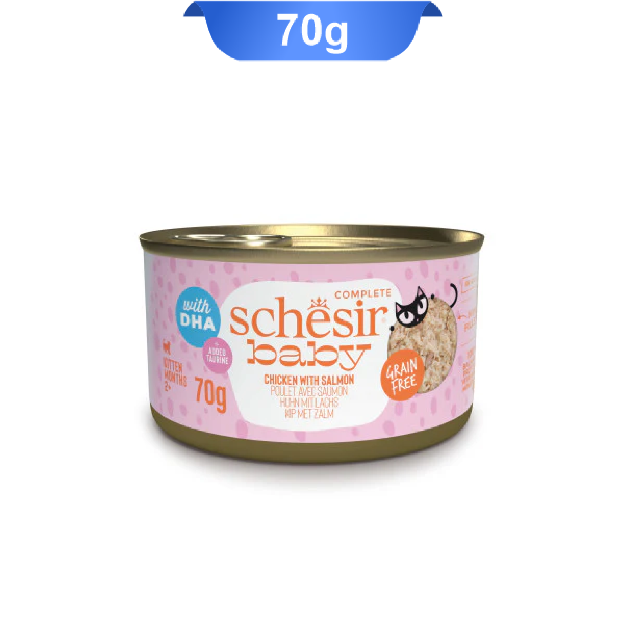 schesir-baby-chicken-with-salmon-kitten-wet-food-70grm کنسرو بچه گربه شسیر طعم مرغ و ماهی سالمون وزن 70 گرم که بسته بندی آن صورتی و گربه روی آن است.