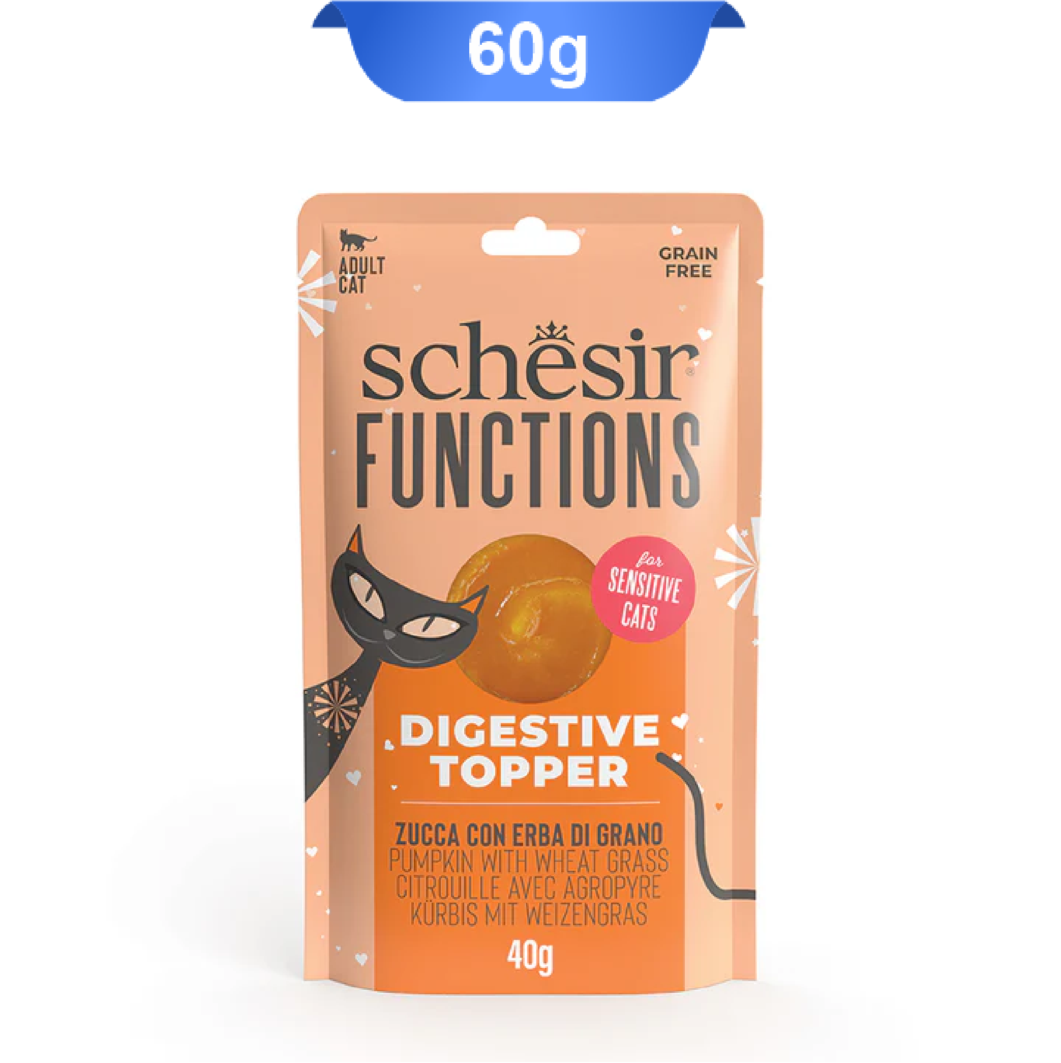 schesir-functions-digestive-topper-adult-cat پوچ گربه بالغ شسیر طعم کدو تنبل و جوانه گندم وزن 40 گرم که بسته بندی آن نارنجی و تصویر گربه کارتونی روی آن است.