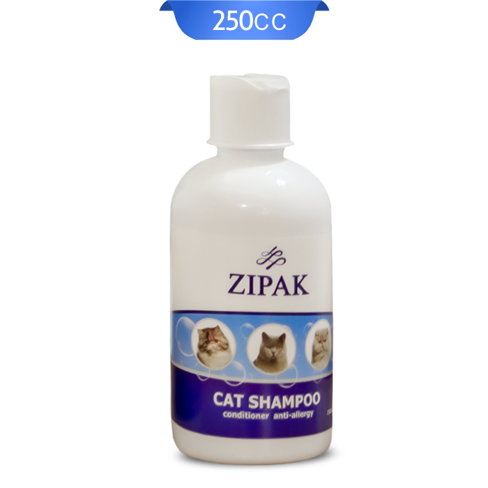 zipak-cat-shampoo شامپو و نرم کننده سگ زیپک 250 میلی لیتر که روی بسته بندی آن تصویر حیوانات و شامپو مناسب استفاده روزانه است.