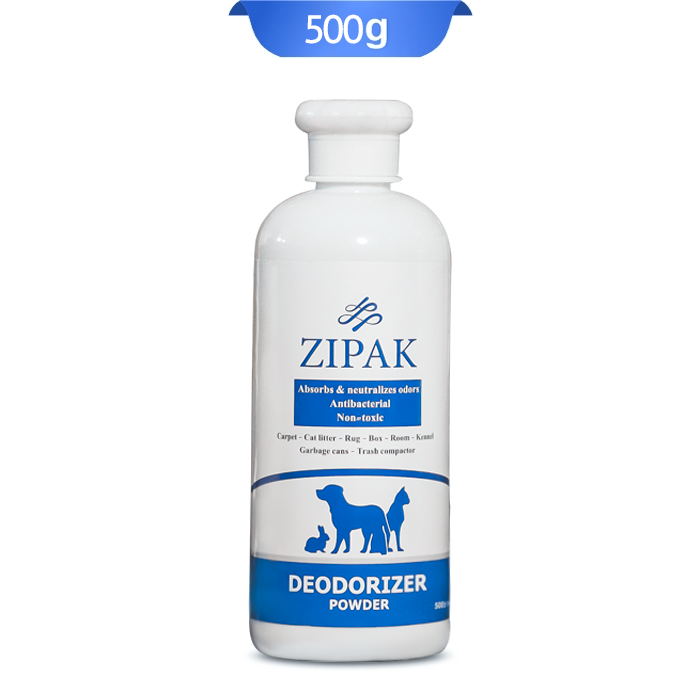 zipak-deodorizer-powder پودر بوگیر و آنتی باکتریال سگ و گربه و جونده زیپک 500 گرم که روی بسته بندی آن تصویر سگ و گربه و جونده است
