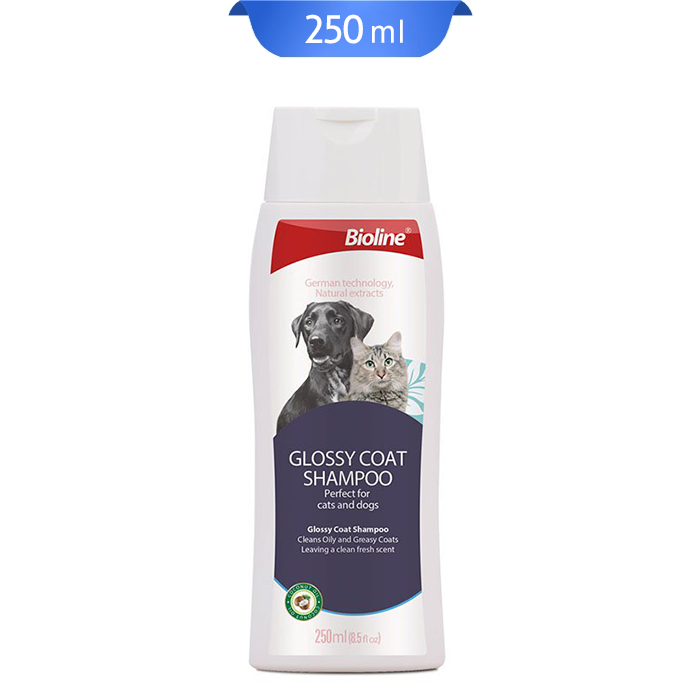 bioline-glossy-coat-shampoo شامپو براق کننده مو سگ و گربه بایولاین حجم 250 میلی لیتر