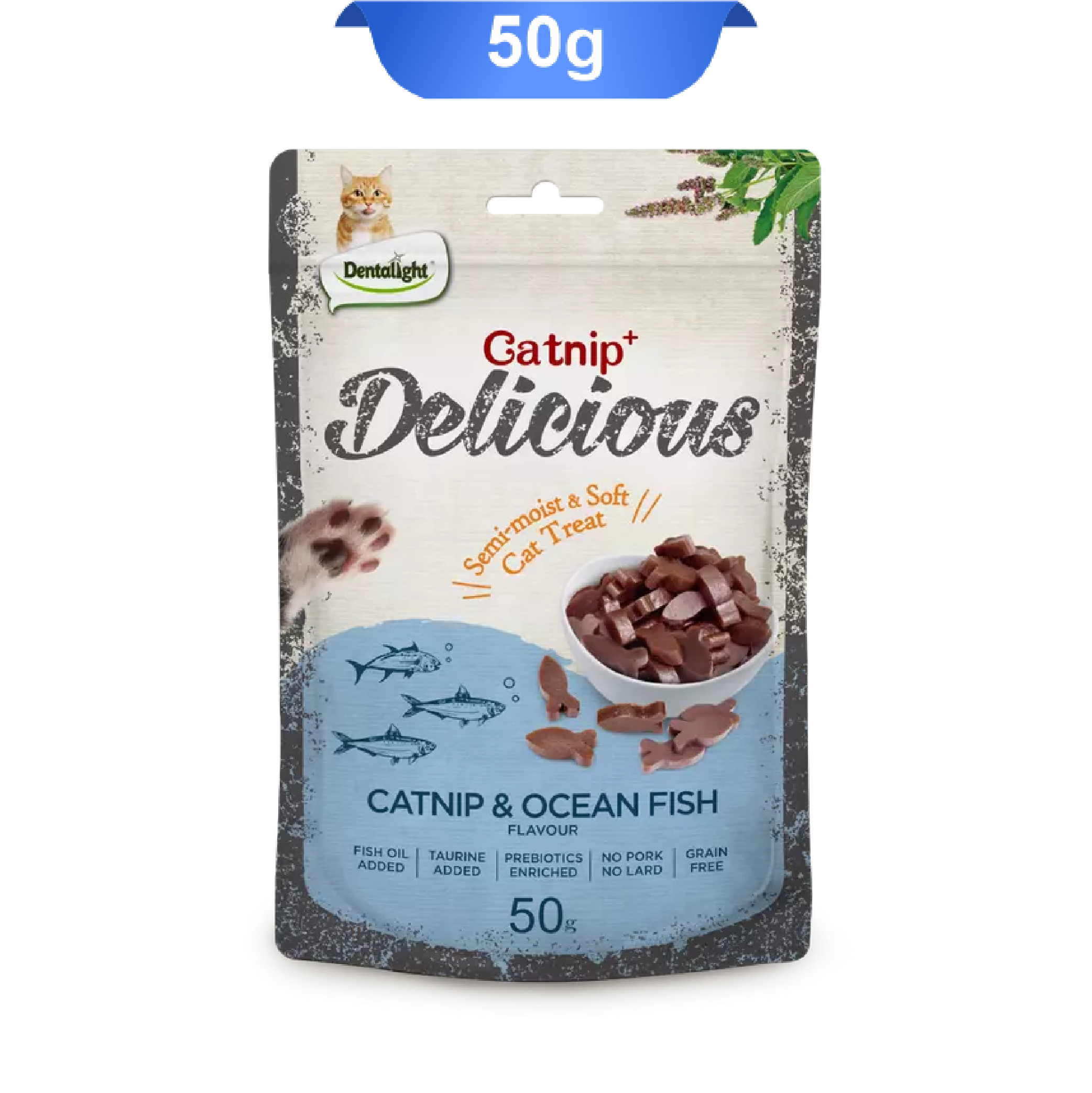 dentalight-delicious-catnip-ocean-fish تشویقی گربه دنتالایت طعم کت نیپ و ماهی دریایی وزن 50 گرم