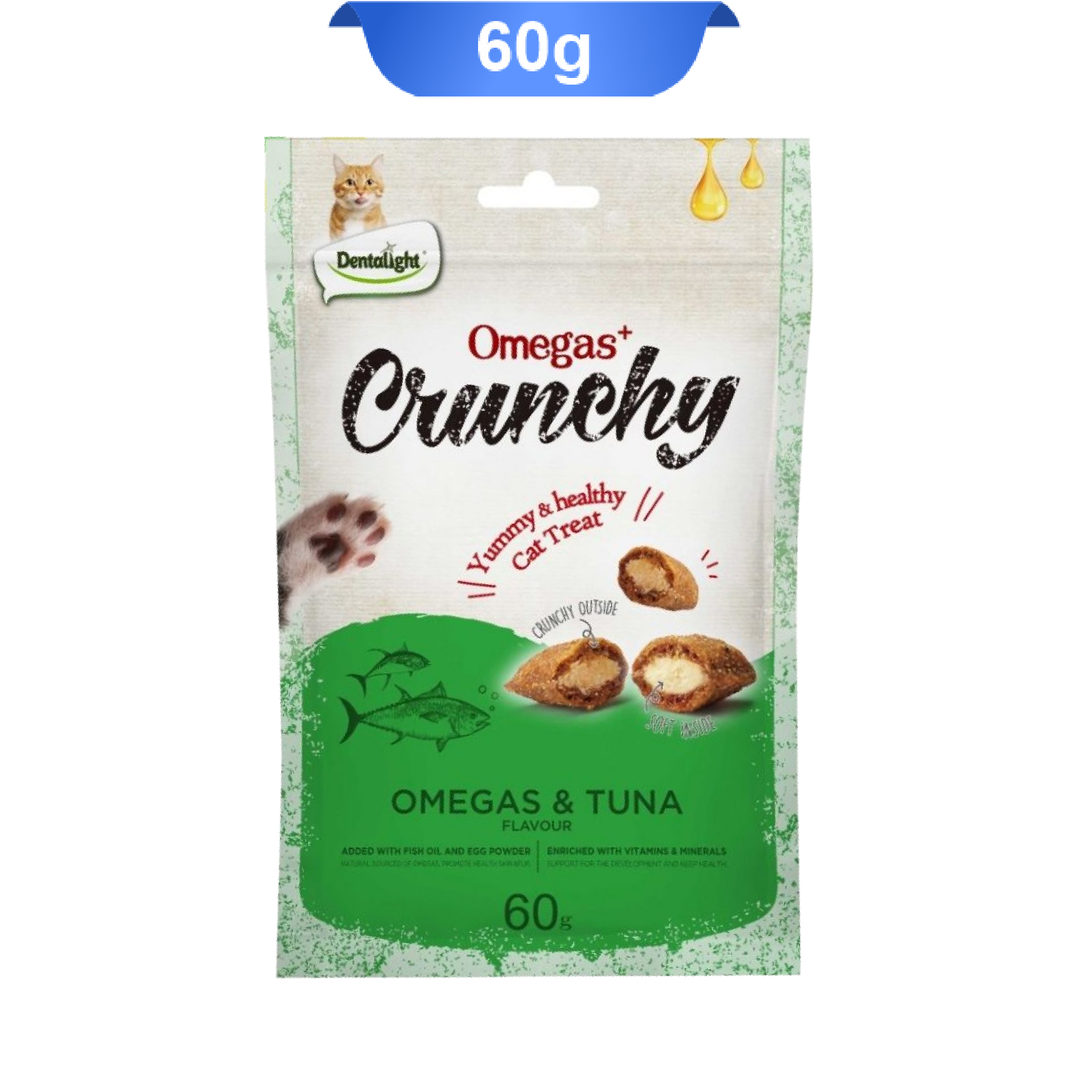 dentalight-omegas-crunchy-Tuna تشویقی گربه امگا پلاس دنتالایت طعم ماهی تن وزن 60 گرم