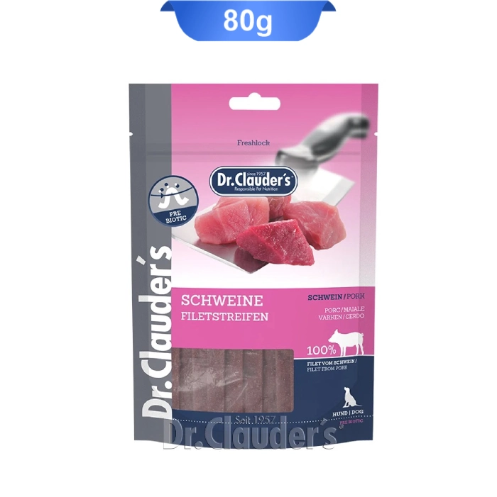 drclauders-schweine-filetstreifen-80g تشویقی سگ دکتر کلادرز مدل نواری طعم خوک وزن 80 گرم
