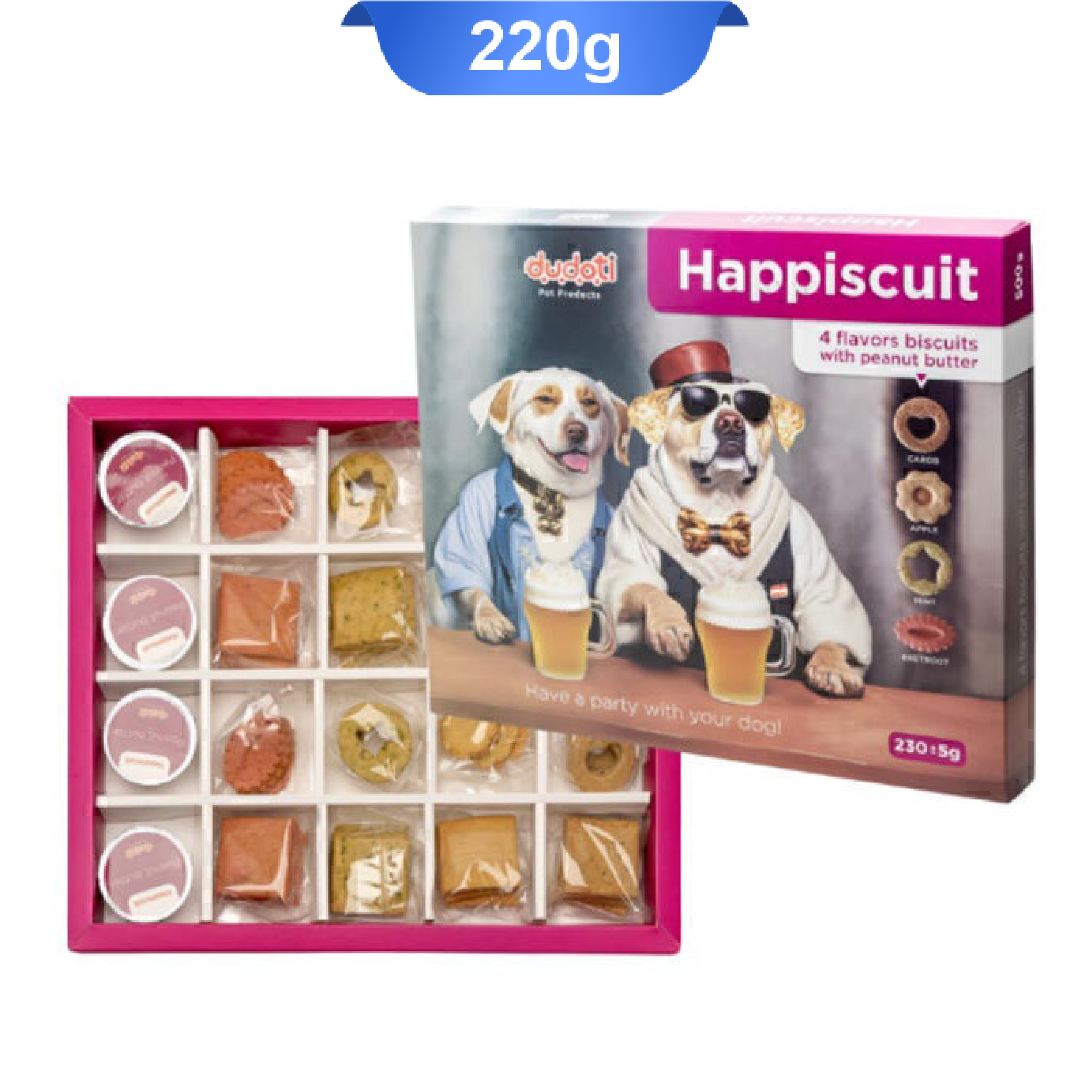 dudoi-happiscuit-for-dogs-230g پک مهمانی سگ دودوتی همراه کره بادام زمینی وزن 230 گرم