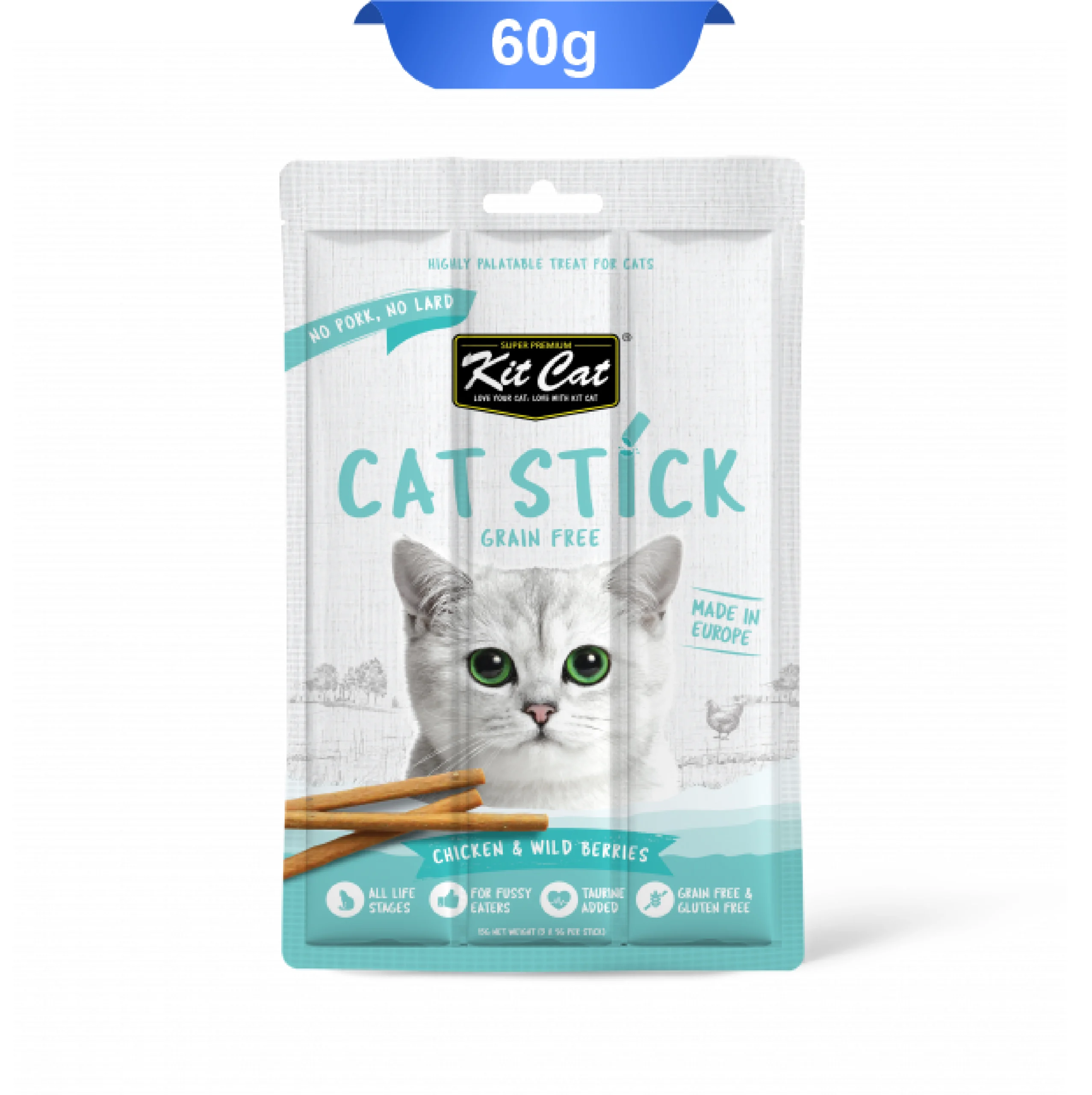 kitcat-grain-free-cat-stick-chicken-wild-berries-60g تشویقی مدادی گربه کیت کت طعم مرغ و توت وحشی 3 عددی