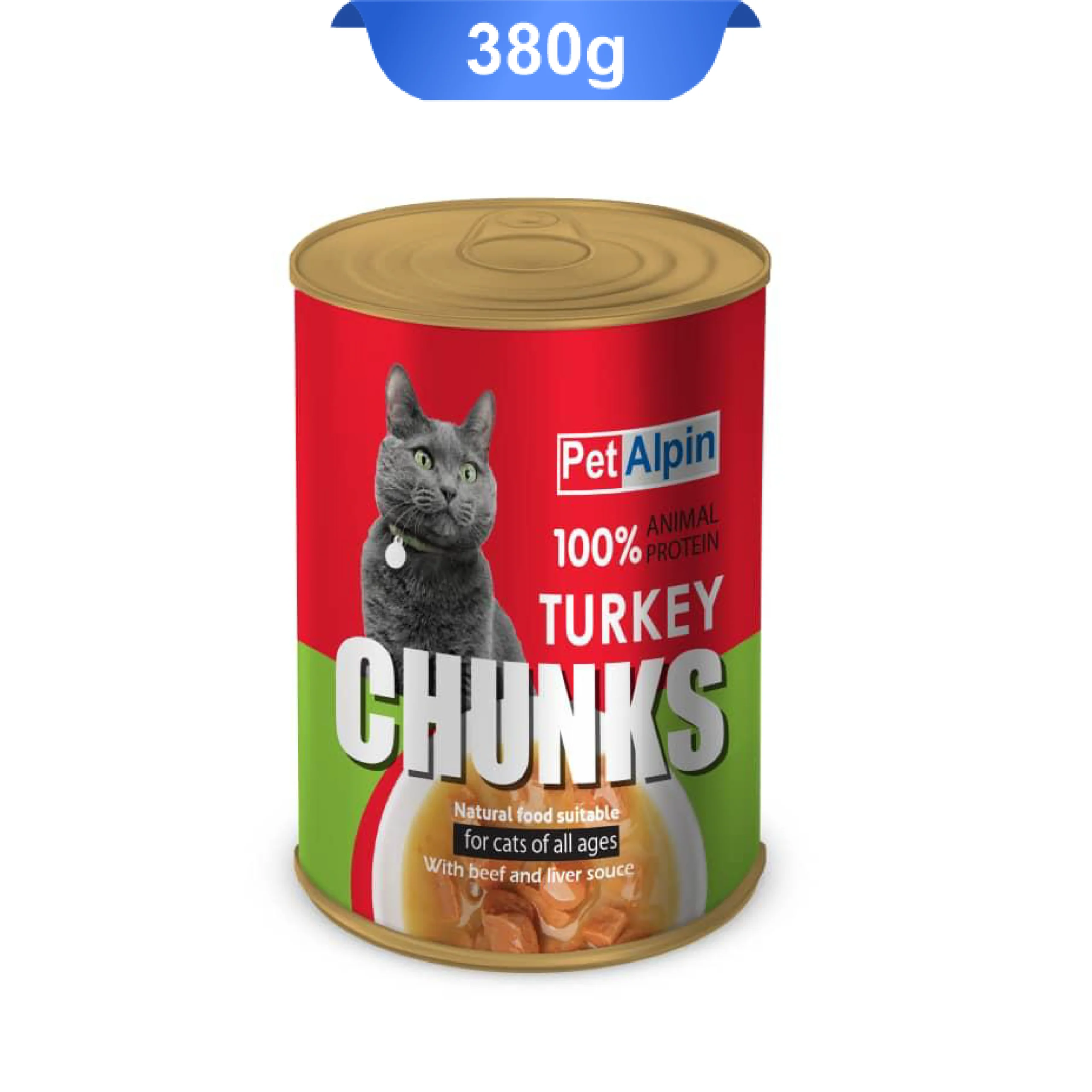 petalpin-turkey-chunks-with-beef-and-liver-souce-380g کنسرو گربه پت آلپین مدل چانک طعم بوقلمون وزن 380 گرم