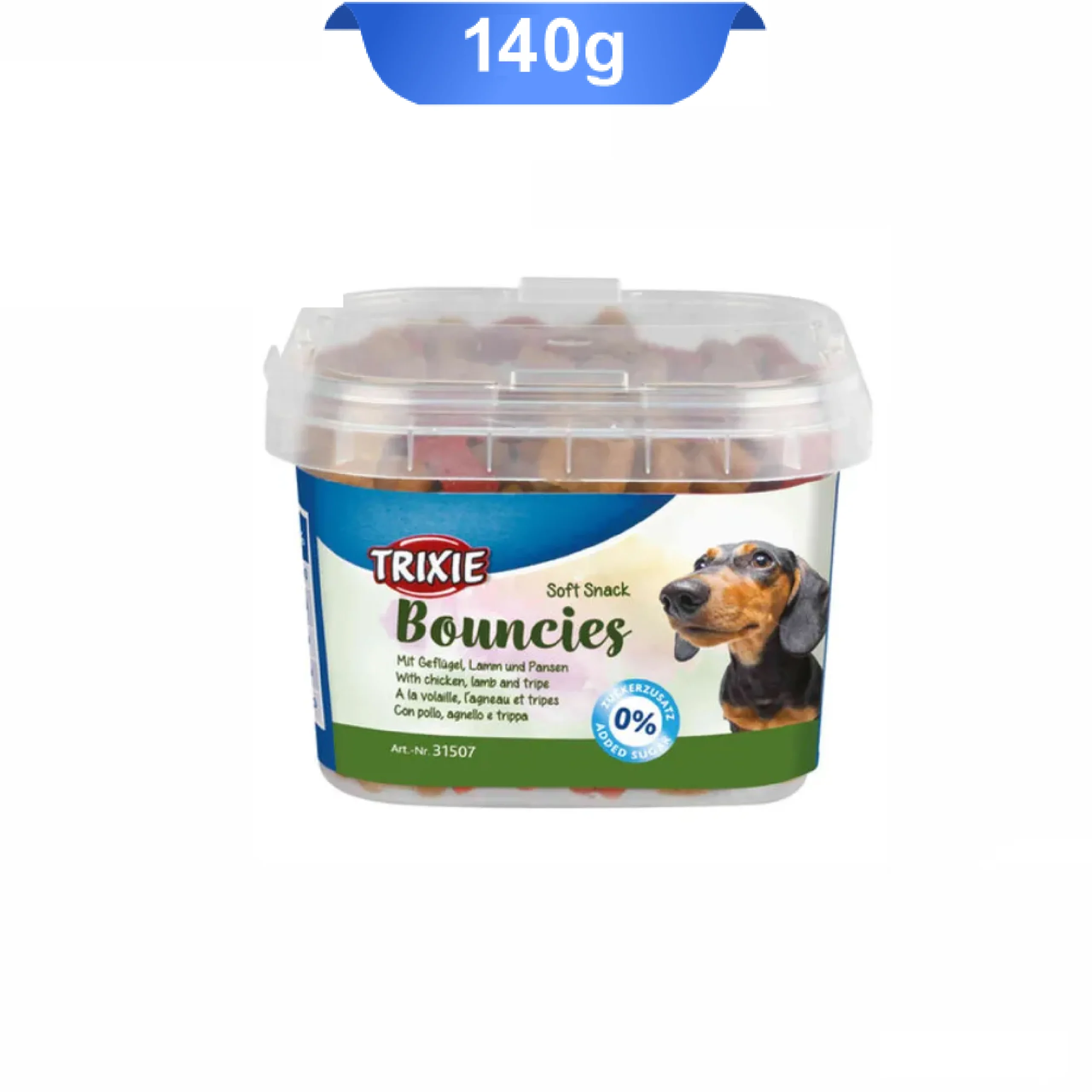 trixie-bouncies-soft-snack-140g تشویقی سگ سطلی تریکسی طعم مرغ و بره و سیرابی وزن 140 گرم