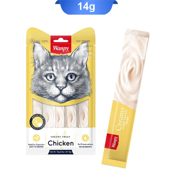 wanpy-creamy-lickable-treats-with-chicken-for-cats بستنی ونپی زرد گربه طعم مرغ (ساشه ای) وزن 14 گرم