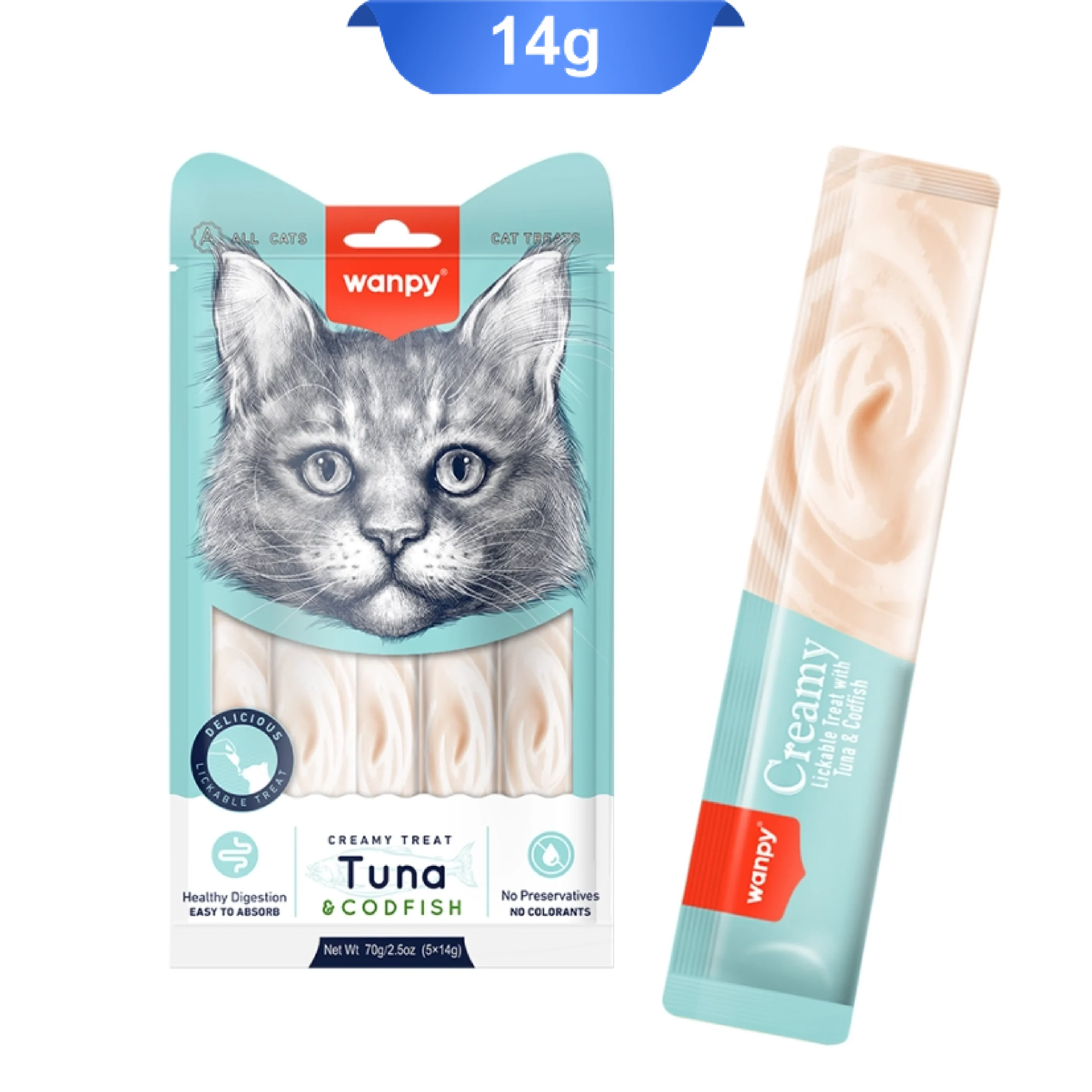 wanpy-creamy-lickable-treats-with-tuna-codfish-for-cats-14g بستنی گربه ونپی طعم ماهی کاد و تن (ساشه ای) وزن 14 گرم