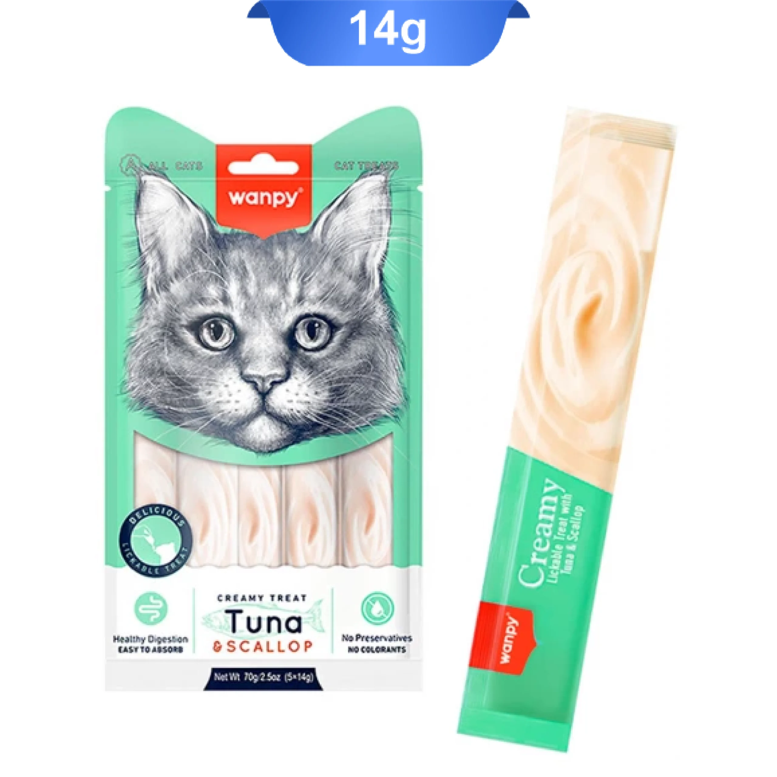 wanpy-creamy-lickable-treats-with-tuna-scallop-for-cats-14g بستنی ونپی سبز گربه طعم تن و گوش ماهی (بستنی ساشه ای)