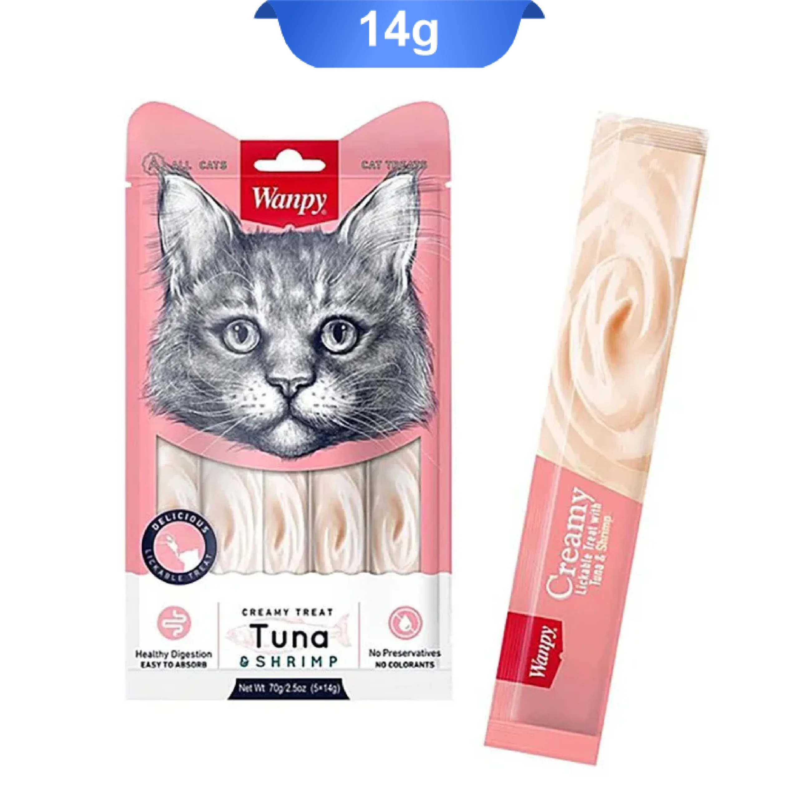 wanpy-creamy-lickable-treats-with-tuna-shrimp-for-cats-14g بستنی ونپی صورتی گربه طعم ماهی تن و میگو (ساشه ای)