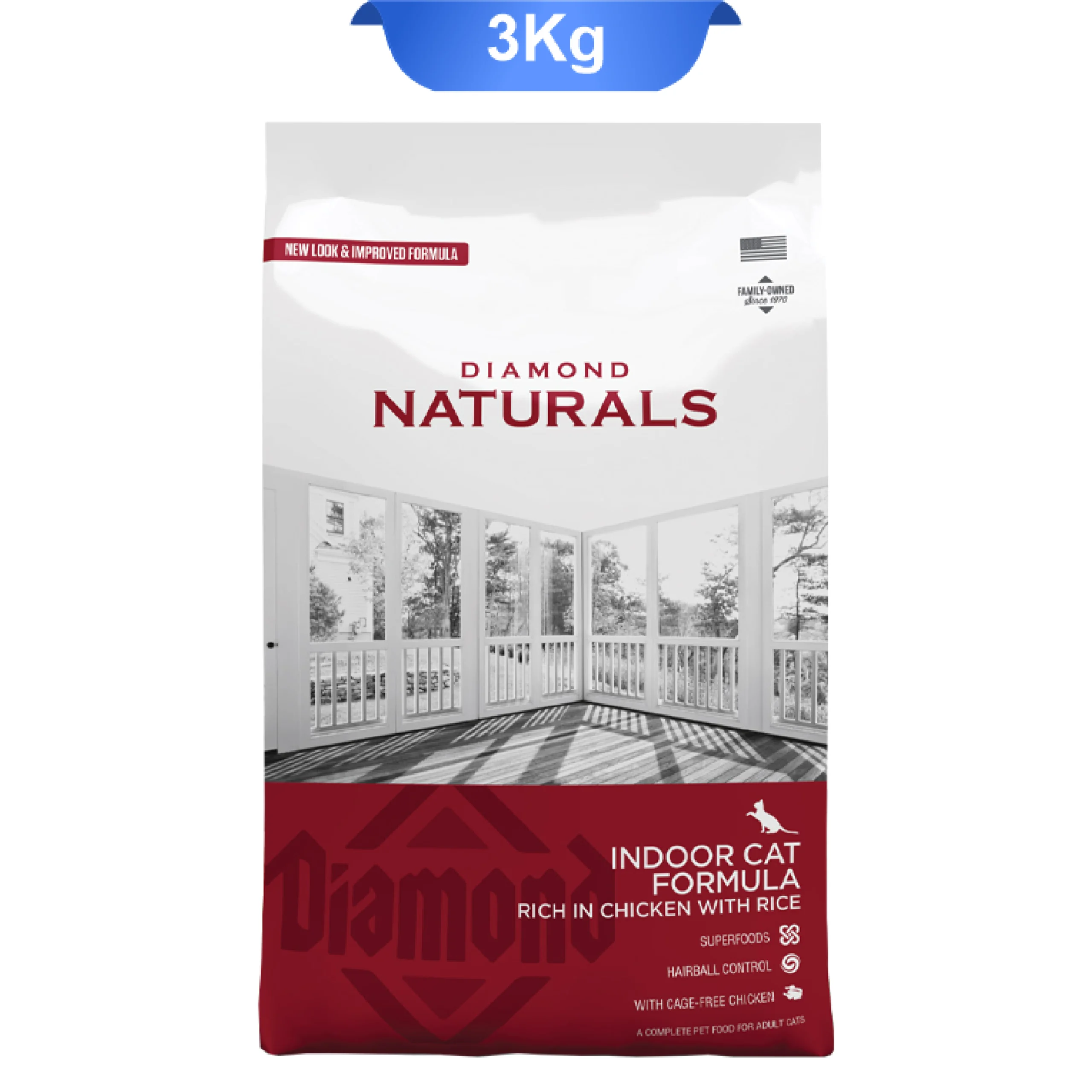 diamond-naturals-indoor-cat-formula-rich-in-chicken-with-rice-3kg غذا خشک گربه ایندور دایموند نچرال وزن 3 کیلوگرم