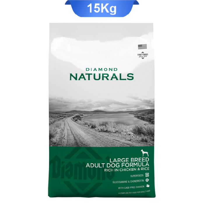 diamond-naturals-large-breed-adult-dog-formula-rich-in-chicken-with-rice-15kg غذا خشک سگ نژاد بزرگ دایموند نچرال وزن 15 کیلوگرم با بسته بندی رنگ سبز پررنگ و تصویر بیابان و جاده با رنگ سفیدسیاه