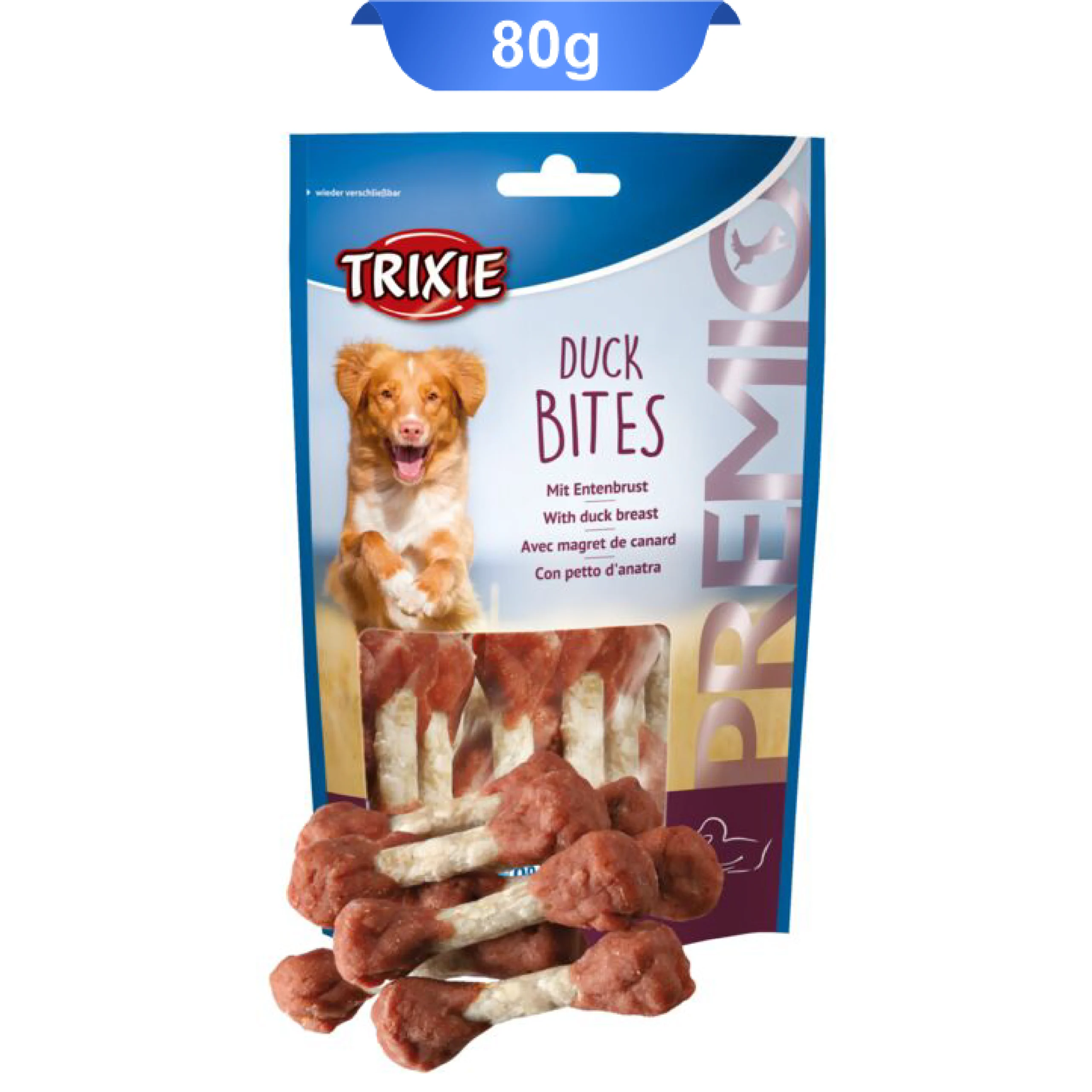 trixie-dog-duck-bites-80g-01 تشویقی سگ دمبلی تریکسی طعم سینه اردک وزن 80 گرم Trixie Duck Bites - Image 1